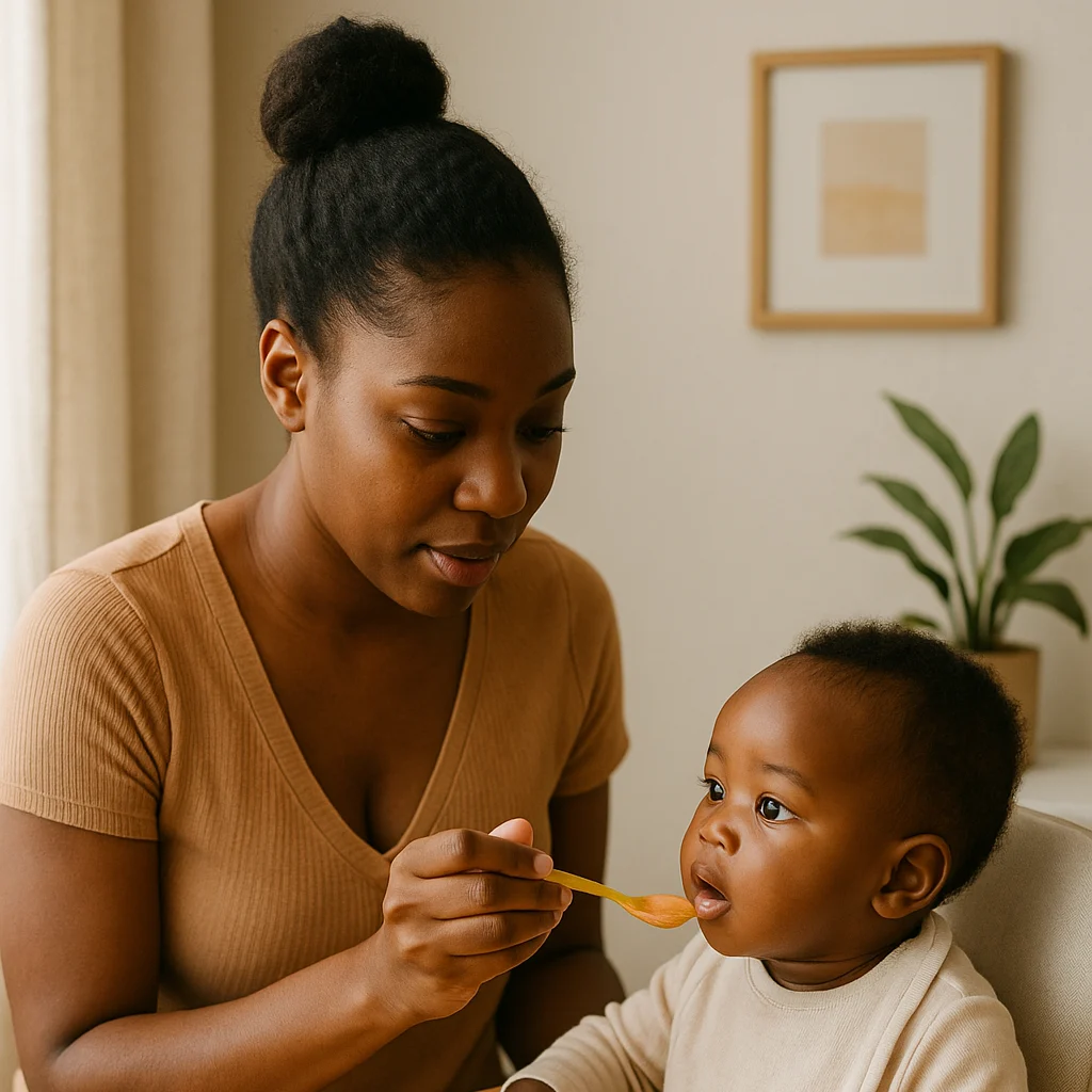 African baby boy eating mashed carrots during first solids at 6 months