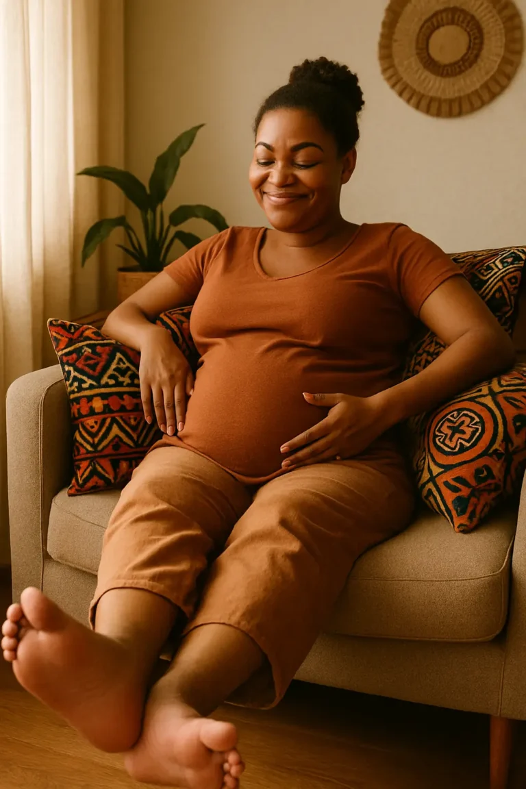 Pregnant African woman resting at home with swollen feet elevated on a couch
