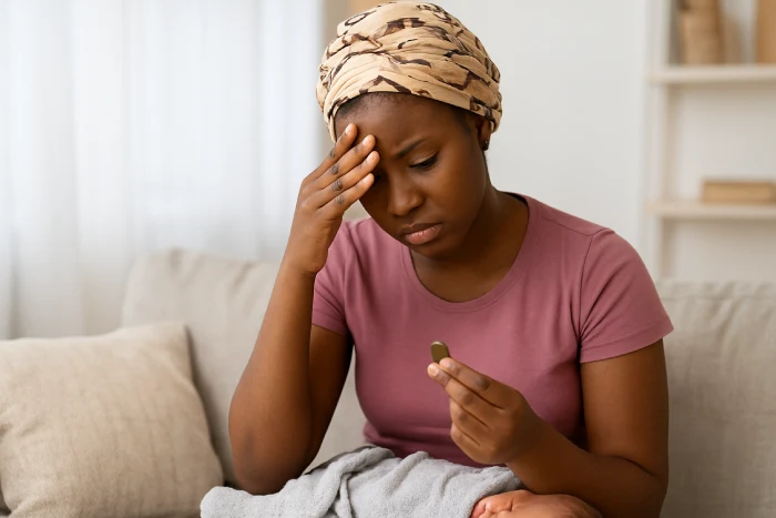 A distressed Nigerian mother sitting with her baby, worried about not having enough money to buy essential baby needs.