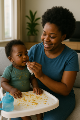 African mother cleaning up after her baby’s mess at home, capturing a parenting moment with love and care.