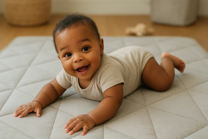 Baby lying on padded mat, halfway rolling, playful expression
