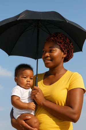 African mother covering her child from the sunrays