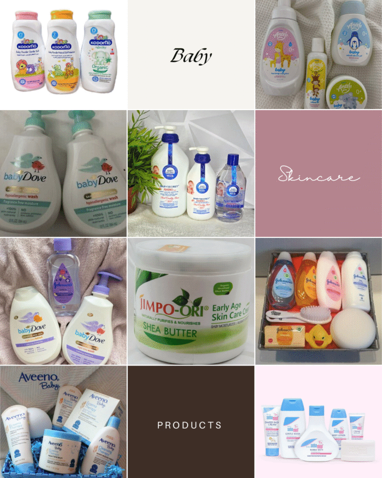 Photo grid showcasing various baby skincare products
